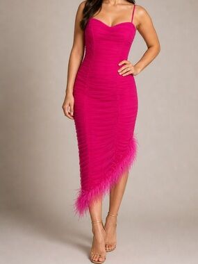 Fuchsia Feather-Hem Bodycon Midi Dress